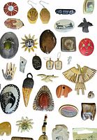 Overhead image showing a collection of assorted Indigenous American jewelry items including pins, earrings, pendants, and small carved figurines, arranged in rows on a flat surface.