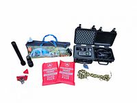 Overview of all items including tent, fire blankets, flashlight, cooking stove, lens, phone case, rope