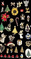 A flat lay of various vintage holiday pins and brooches showing Christmas trees, candy canes, angels, poinsettia flowers, reindeer, and other festive shapes on a black background.