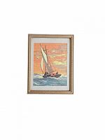 Framed vintage modernist mixed media painting showing a sailboat on waves at sunset, full view of artwork and frame.