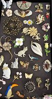 Full view of a tray holding various vintage pins and brooches with mixed designs arranged on a black background