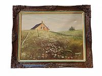 Frontal view of the vintage signed oil painting showing a rustic farmhouse in a field of wildflowers, surrounded by an ornate carved wooden frame.
