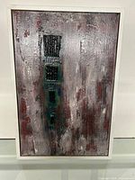 Frontal view of the abstract oil painting showing the textured brush strokes and color palette.