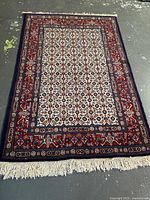 Full view of rug on concrete floor showing overall design, borders, and fringe.