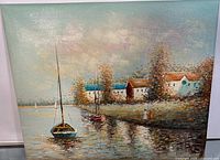 Full view of the oil painting showing a lake with boats, trees, and buildings.