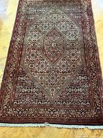 Full top view of rug showing overall design, colors and fringe