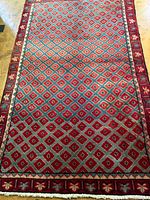 Full view of the carpet showing geometric diamond pattern with red and blue colors and the floral border