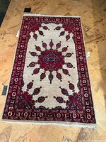 Full view of rectangular antique wool rug with beige background and red-blue center medallion with floral motifs.