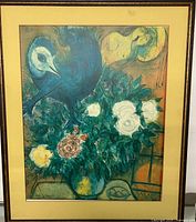 Full view of framed Marc Chagall poster showing blue bird, flowers, and female figure