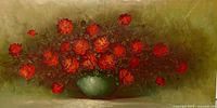 Wide view of the floral oil on canvas painting showing vibrant red-orange roses in a green vase.