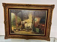 Full view of painting and frame, stable scene with horses and blacksmith