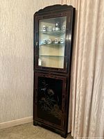 Full view of tall black lacquer corner cabinet with glass display door and lower painted door standing against wall.