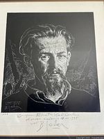 Overall view of the framed etching print showing portrait, mat, and frame