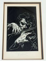 Close-up detail of violinist’s hands and bow with white line work on black field