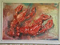 Full view of the painting of two red lobsters on a muted background, showing linen mat and wood frame