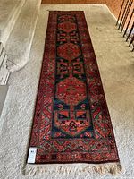 Full view of runner carpet laid on floor showing overall pattern and fringe.