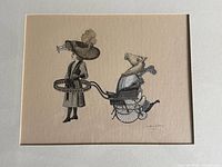 Close-up of signed vintage style collage art showing Victorian woman with animal carriage on beige background.