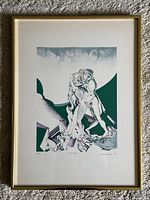 Full view of the framed lithograph showing the artistic nude figures and geometric shapes in green and gray hues.