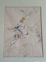 Full view of framed artwork showing abstract pen and pastel drawing on textured paper in a white frame.