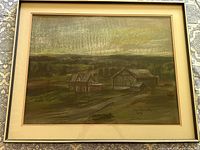 Full view of framed landscape painting with home and barn in rural setting, moody atmosphere.