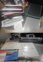 Photo showing comb binding machine with various binding combs and binding covers including plastic and black covers, with instruction sheet.