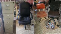 Photo showing the beige 4-drawer metal file cabinet with keys, and three desk chairs including black cushioned chair, mid-century style brown vinyl chair with orange cushioned seat, and black mesh office chair along with small footstool.