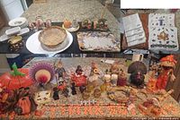 Overview of various Thanksgiving and fall-themed decorations including ceramic pumpkins, turkeys, salt and pepper shakers, plates, serving trays, woven basket, and table linens.