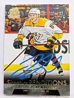 Front image of Tanner Jeannot autographed hockey card in white Nashville Predators uniform with Signature Renditions label and date April 7, 2022