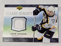 Close-up photo of one Upper Deck Game Jersey hockey card of David Legwand from Nashville Predators showing the patch of game-used jersey embedded.