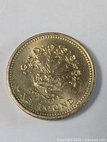 Clear image of the front side of the British one pound coin showing floral coronet and 'ONE POUND' inscription.