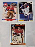 Image showing three Patrick Roy hockey cards including Pro Set, Premier, and All Star series