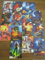 Full spread of 16 Marvel Masterpieces 1994 trading cards showcasing various Marvel characters with gold foil signature highlights.