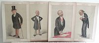 Photo of four Vanity Fair Men of the Day prints Nos. 66 to 69 arranged side by side showing full figures of each caricatured man in period costume.