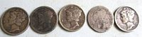 Obverse side showing the heads of the five Mercury dimes featuring the winged Liberty head design. Coins show varying wear and discoloration.