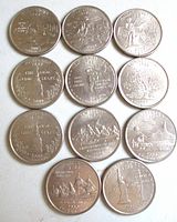 Eleven US state quarters laid out in three rows showing the backs with state designs including Delaware, Pennsylvania, New Hampshire, Connecticut, and others.