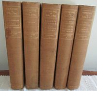 Set of five hardcover antique books by Honore de Balzac in brown cloth bindings, spines shown with gold lettering.