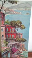 Full view of the art print showing coastal Italian cityscape with Mount Vesuvius in background and colorful buildings in foreground.