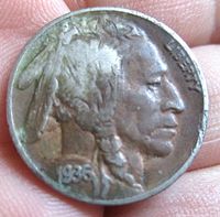 Obverse side of 1936 Buffalo Nickel showing Indian Head profile with date and LIBERTY inscription.
