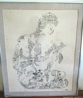 Full view of framed pen and ink drawing showing fantasy figure composed of words and creatures, mounted under glass with mat.