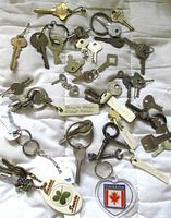 Full view of assorted keys and key chains scattered on a white cloth, showing variety of keys and labeled key rings.