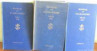 Front covers of three blue hardcover volumes titled Manual of Seamanship Vol 1, 2, and 3 with gold embossed text and naval insignia.