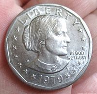 Obverse side of 1979 Susan B. Anthony dollar coin showing Susan B. Anthony's profile with inscriptions LIBERTY, 1979, and IN GOD WE TRUST.