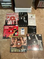 Photo of CD box sets collection on floor including The Great American Songbook, Sinatra Vegas, Love Songs of WWII and others.