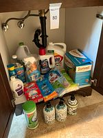 Under sink area with various cleaning bottles, wipes, cotton balls, and boxed ShamWow towels