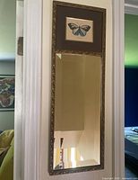 Full view of the beveled mirror with a vintage butterfly lithograph mounted above it, showing the frame and overall piece.