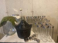 A group view of all glass jugs and bottles with metal screw caps, including a large green-covered 5L kombucha jug with spigot, and a black plastic basket covered fermentation jug with airlock.