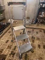 Full view of Little Giant step stool with three steps placed on carpeted floor in basement room.