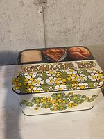 Front view of vintage bread and cake box showing floral pattern and text
