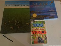 Three books are shown: Lonely Planet Beautiful World, Alaska A Photographic Excursion, and 1000 Amazing World Facts, displayed on a flat surface.