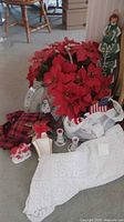 Main view showing artificial poinsettias, Christmas tree welcome sign, plaid stocking, and snowman figurines.